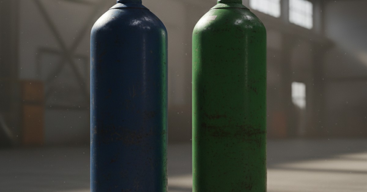 Bình gas màu xanh dương và xanh lá cây
